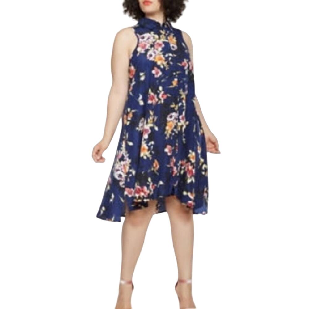 Mlle Gabrielle Blue Floral Button Front High Low Swing Dress Size L !
